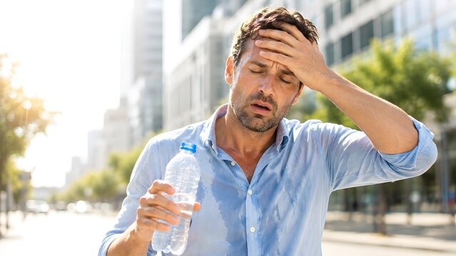 Gesch&auml;ftsmann leidet unter extremer Sommerhitze mit Wasserflasche in der Stadt