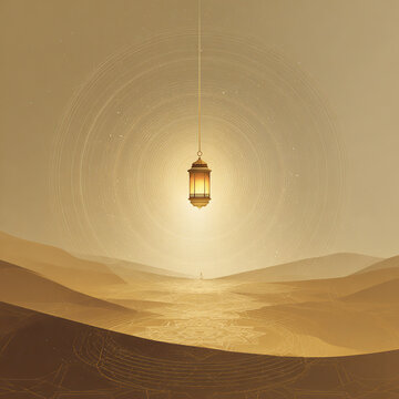 Lantern in the desert with warm light creating an atmosphere, representing Mawlid celebration