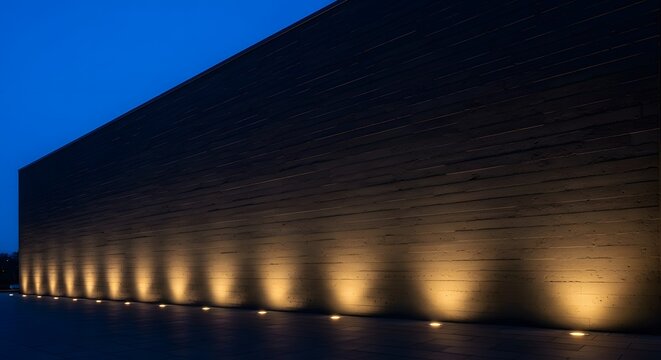 Modern building facade illuminated by a row of warm uplights at twilight, creating a dramatic architectural lighting effect.