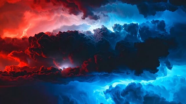 Dramatic storm clouds clash in vibrant red and blue lighting