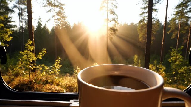 A warm mug of coffee steams beside a window with morning sunbeams through trees