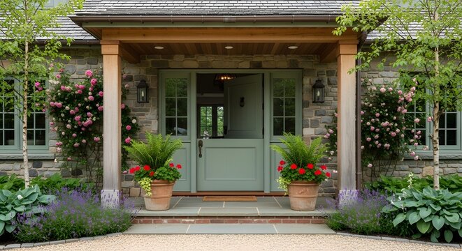 A charming stone house entrance with a light green Dutch door, potted plants, and beautiful garden landscaping.