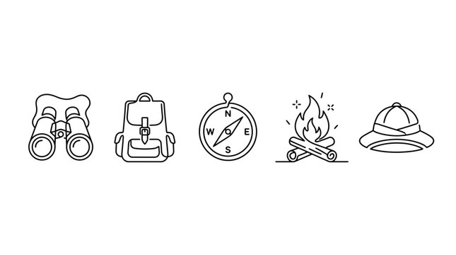 Safari equipment and camping gear line icons