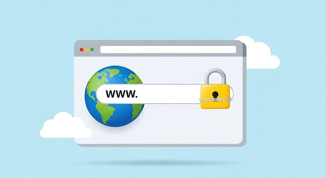 Secure web browser window with locked pad and globe on screen