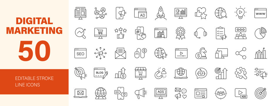 Digital marketing icon set. Editable line icons. Vector illustration.