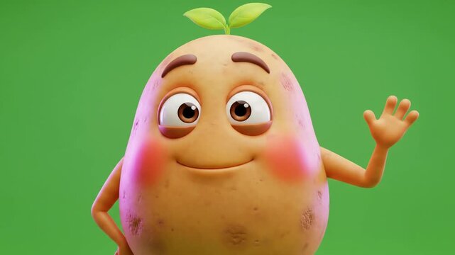 Animated potato character waving hello on a green screen background