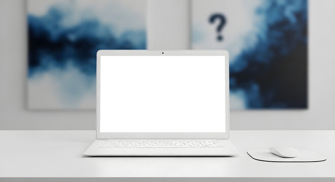 Modern minimalist workspace featuring a white laptop with a blank screen, ready for new ideas and digital productivity in a clean, uncluttered environment