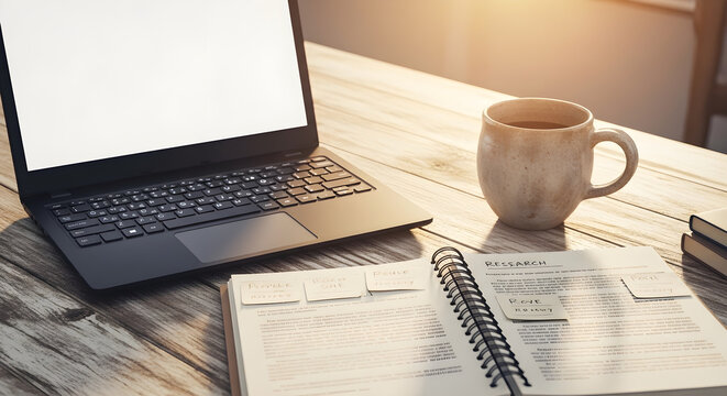 Cozy Home Office Workspace with Laptop Notebook and Coffee Mug on Wooden Table