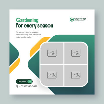 Lawn and gardening services social media post and web banner design template