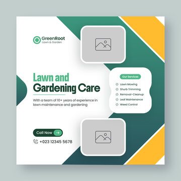 Lawn and gardening services social media post and web banner design template