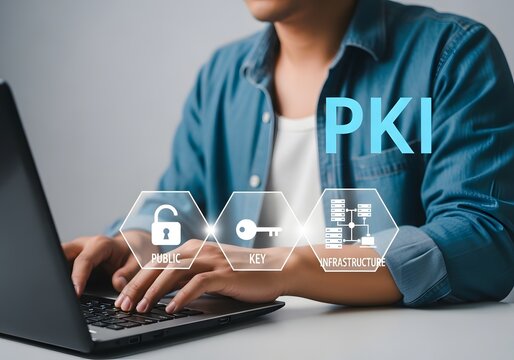 Professional woman in denim shirt analyzing cybersecurity concepts like pki, encryption, and digital trust on a laptop in a modern office