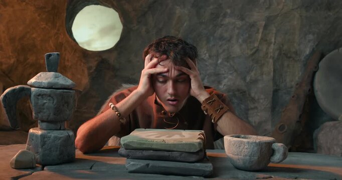 Funny Caveman Feeling Tired and Having Headache Next to Stone Coffee Maker in Prehistoric Cave