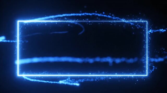 Glowing blue neon rectangular frame with sparkling light particles