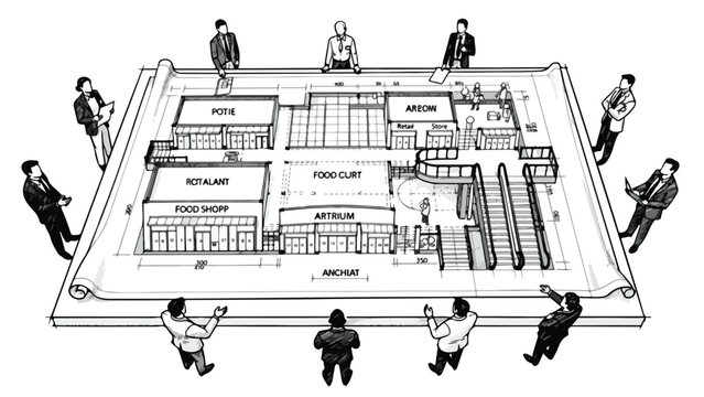 Architectural floor plan blueprint with business team, professional construction project planning, commercial building layout design vector