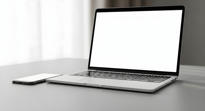 Modern Workspace with Laptop and Smartphone Mockups on a Minimalist Desk for Digital Presentation