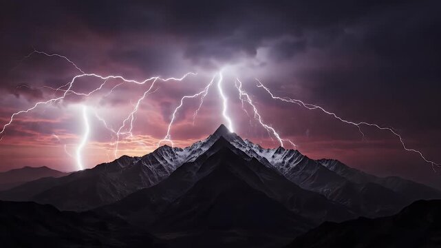 A lightning strike illuminates a jagged, snow-capped mountain range under a stormy sky