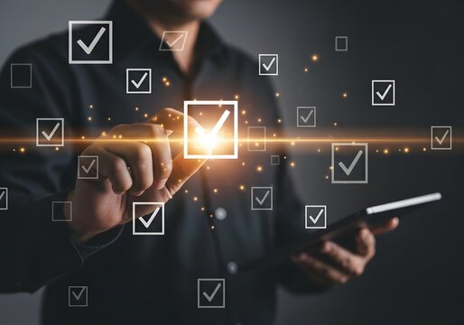 Business professional analyzing digital quality assurance metrics with glowing checkmarks on a futuristic interface during a strategic meeting