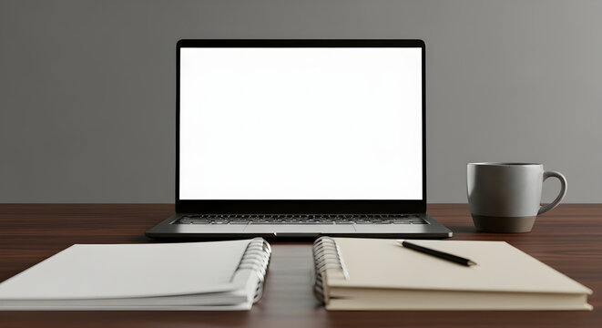 Modern Minimalist Workspace with Laptop Screen Mockup Notebooks and Coffee Mug on Dark Wooden Desk Tabletop