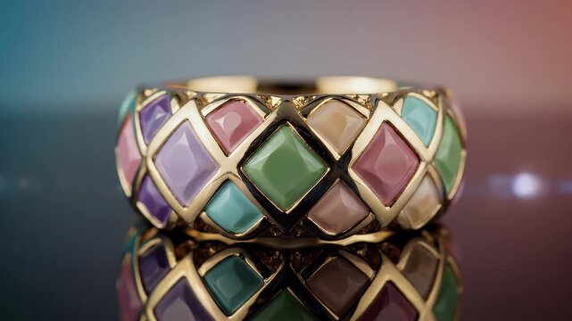 Gleaming gold cuff bracelet adorned with a colorful mosaic of diamond-shaped enamel inlays