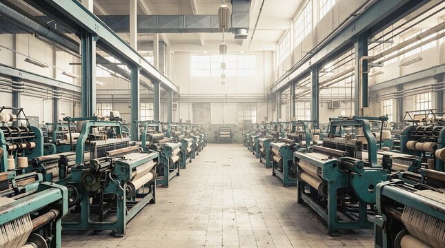 Abandoned Textile Factory Interior with Rows of Vintage Weaving Equipment