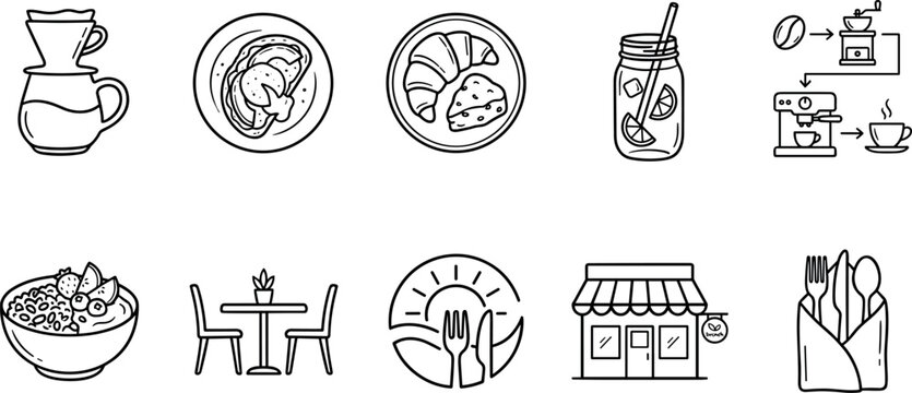 Artisan cafe breakfast and morning brunch food line icon set featuring coffee grinder pour over croissant storefront vector