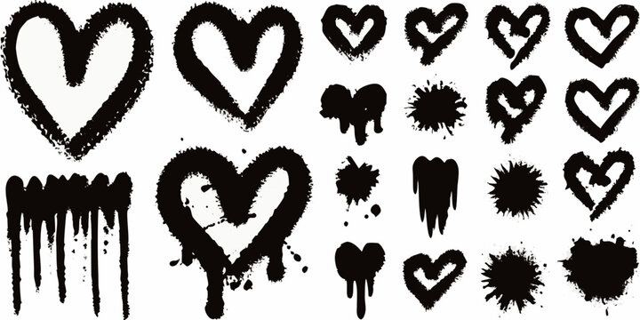 Collection Of Black Spray Paint Heart Shapes And Splatters White Background
