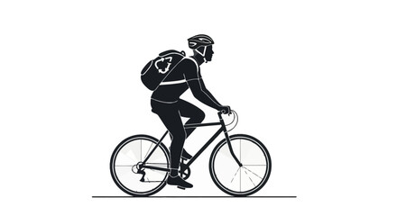 Obraz premium Black and white vector illustration of a male cyclist commuting on a road bike wearing safety gear and a backpack with a recycling logo, isolated on white background.