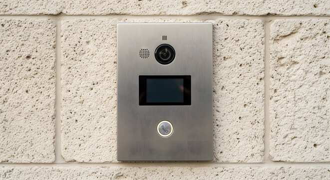 A modern brushed metal intercom system with camera and screen on a textured wall.