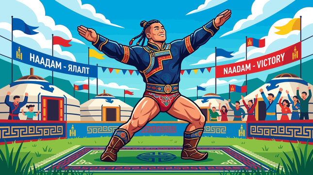 A muscular man in traditional clothing performs a wrestling move on a green mat at a festival with yurt structures and people in the background.