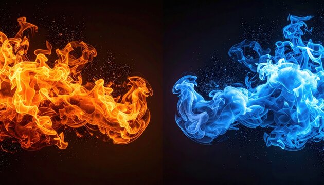 Abstract image showing orange fire on the left and blue flame on the right against a dark background