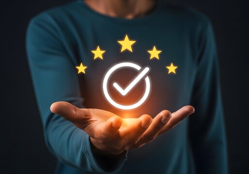 Person holding glowing eu approval symbol with golden stars on blue shirt against dark background, representing positive decision or agreement