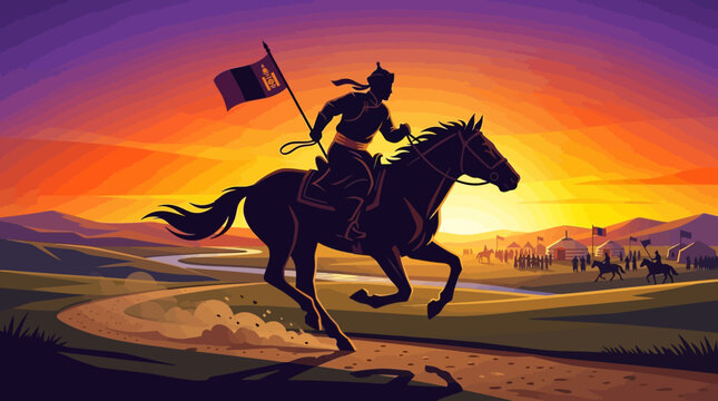 A cowboy rides a horse while waving a flag across a landscape at sunset.