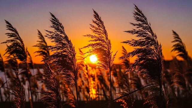 Golden sunset shining through tall wild grass by a calm lake