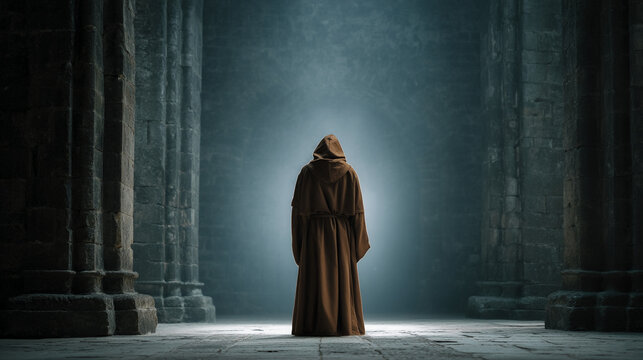 A lonely monk standing in prayer inside a dark medieval stone cathedral hall with cathedral