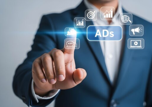 Professional businessman in a suit interacting with a digital advertising interface, showcasing online marketing and targeted ads concepts