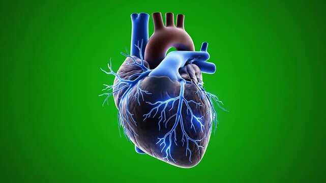 Detailed 3D Model Of Anatomically Correct Human Heart With Bioluminescent Nerve Fibers Glowing On Green Background For Medical Education And Technology Use