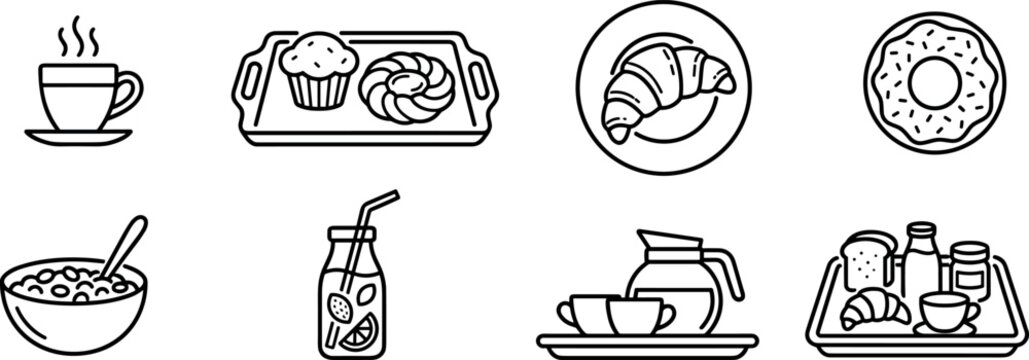 Cafe bakery breakfast and morning coffee pastry food line icon set featuring tray croissant donut smoothie vector illustration