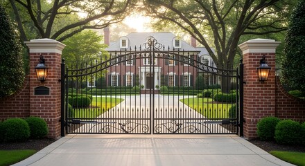 Naklejka premium A grand brick mansion with an ornate wrought iron gate and a long driveway, framed by mature trees.