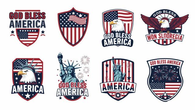 Patriotic American emblem set, 8 vintage God Bless America badges with bald eagle and Statue of Liberty, USA flag shield vector illustrations