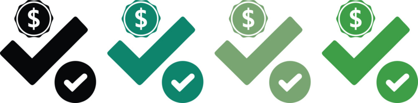 Check mark icons with dollar currency coins representing financial approval and successful payment confirmation in four different colors