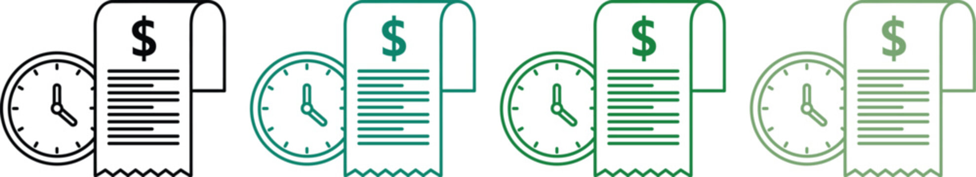 Time and money icons featuring a clock next to a dollar receipt paper document showing payment deadline and financial billing concepts