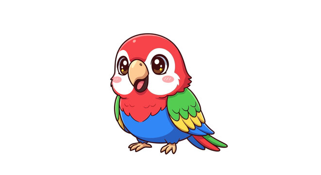 Cute Cartoon Parrot Bird, Kawaii Style, Isolated on White