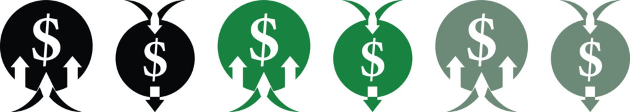 Dollar sign icons with up and down arrows representing financial growth and decline in black green and grey colors for business data analysis