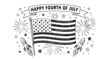 Happy Fourth of July hand drawn banner, American flag with fireworks and rockets vector, patriotic USA Independence Day sketch illustration © 爱心binragh