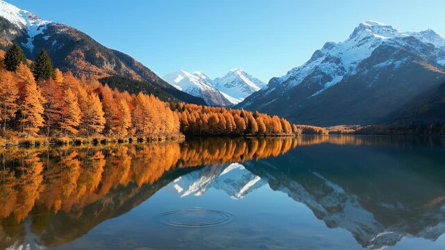 Autumn foliage adorns mountain slopes reflected in a serene, clear lake