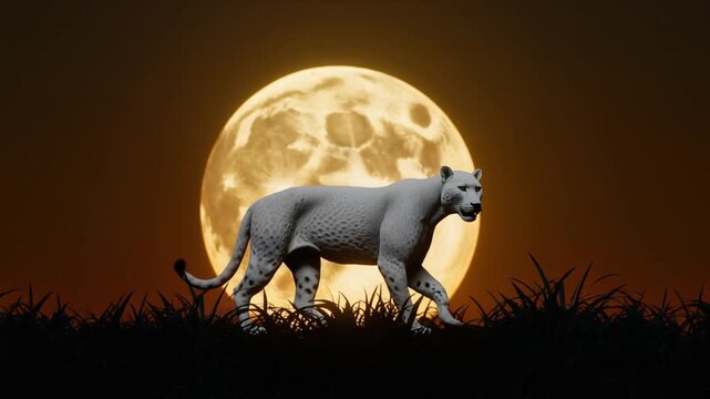 Majestic white jaguar walking under a full moon at night