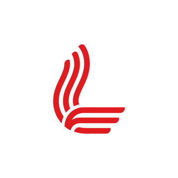 Abstract red wing logo with curved parallel lines.