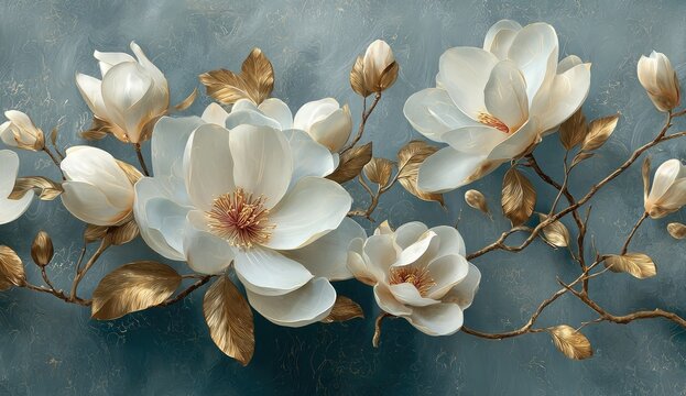Close-up of exquisite white blossoms with golden accents and sepals on delicate branches against a blue, textured background