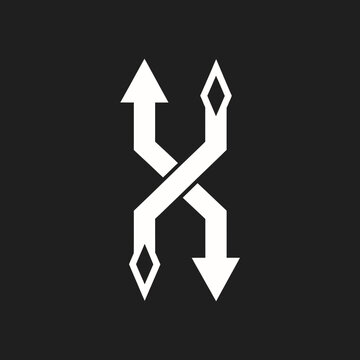 Abstract white intertwining arrows symbol on black background.