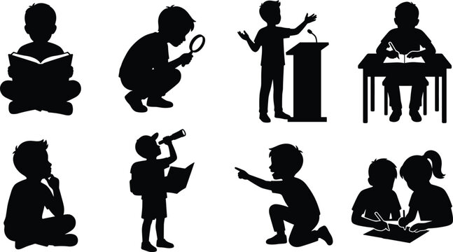 Children education learning and school activities vector black silhouette collection isolated on white background